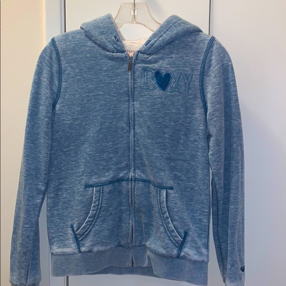 Roxy Sherpa hoodie blue with spell out on back S y2k